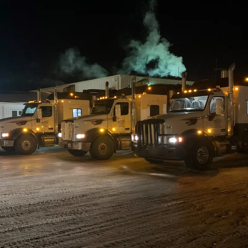 Three Troyer trucks lined up at night in front of a shop, steam rising in the cold